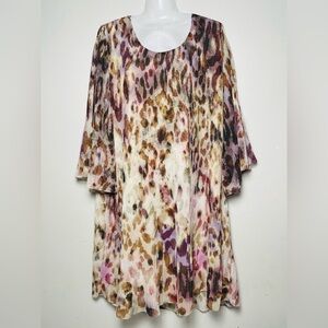 Soft Surroundings Ballia Dress  Pleated Chiffon Animal 3/4 Sleeve Brown Large